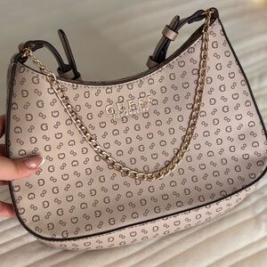 Guess Beige Logo Shoulder Bag with Gold Chain